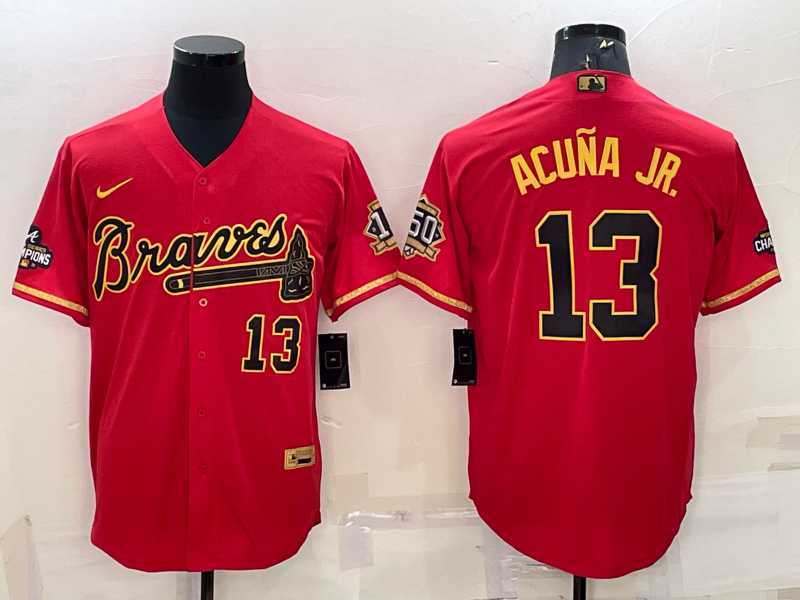 Men's Atlanta Braves #13 Ronald Acuna Jr Red Gold World Series Champions Program Cool Base Stitched Baseball Jersey,We sell and wholesale Men's Atlanta Braves #13 Ronald Acuna Jr Red Gold World Series Champions Program Cool Base Stitched Baseball Jersey on line form chian!